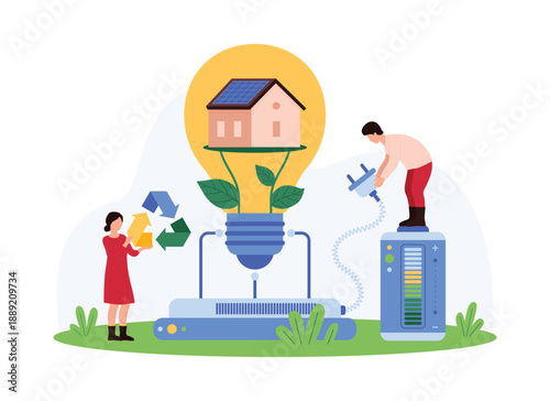 Digital sustainable eco friendly technology for smart home, IOT. Tiny people connect light bulb plug to battery to turn on and control automated smart home systems cartoon vector illustration