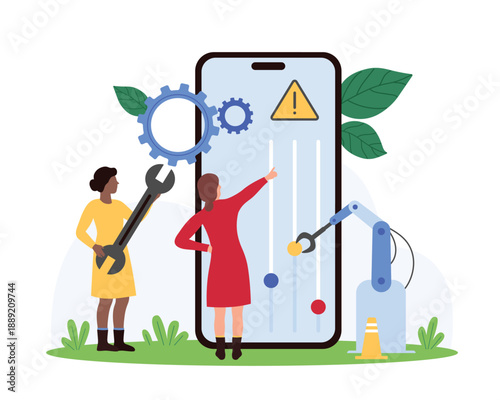 Customization and improvement of mobile app, phone system software with AI help. Tiny people and robots hand customize profile and OS settings on smartphone screen cartoon vector illustration