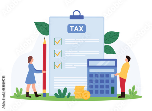 Income tax management, plan budget, financial accounting and audit. Tiny people work with checklist form on clipboard, consulting experts and accountants calculate taxation cartoon vector illustration