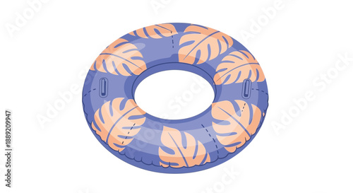 Floating inflatable blue ring with orange leaf pattern on white background, captured from directly above