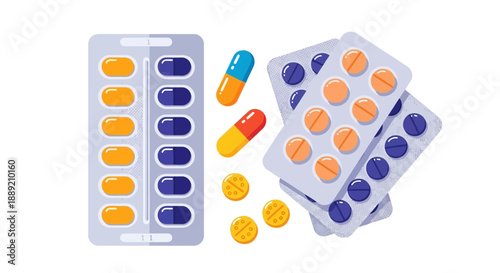 Assorted medication and capsules in blister packs and loose on surface, pharmaceuticals scattered, medical supplies, healthcare products, detailed illustration