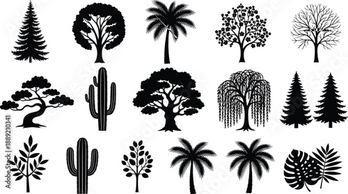 Tree silhouette icon set featuring pine, palm, cactus, willow, oak, and tropical leaves in black vector illustration design