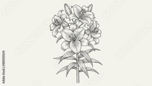 A detailed black and white line drawing of a bouquet of flowers with leaves from a front viewpoint