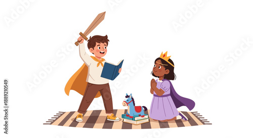 Illustration of a man and princess with a dragon figurine on a striped floor