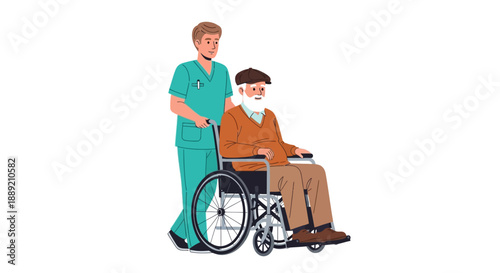 Healthcare professional assisting elderly man in a wheelchair with care and compassion in a clinical setting