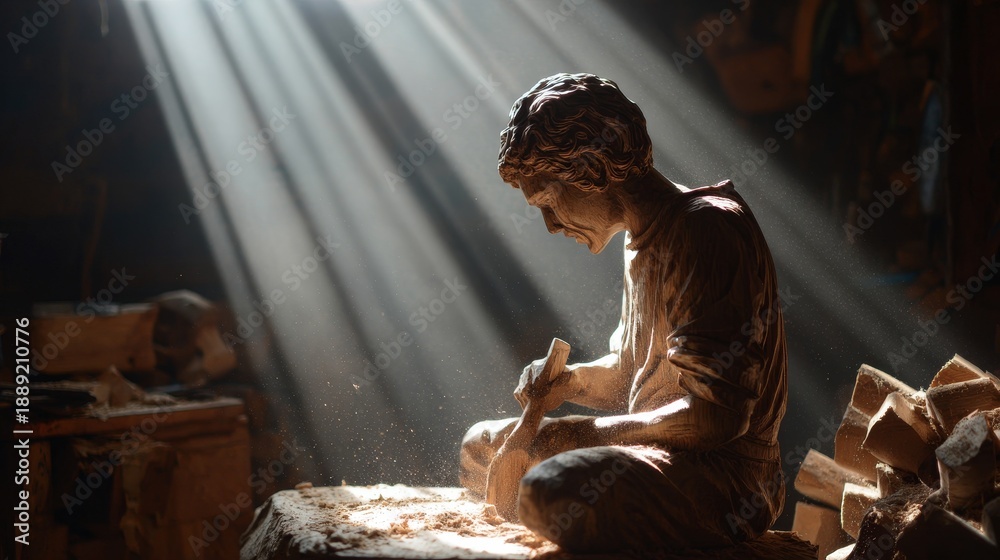 Fototapeta premium Artisan shaping a wooden figurine with intricate details illuminated by sunlight through window
