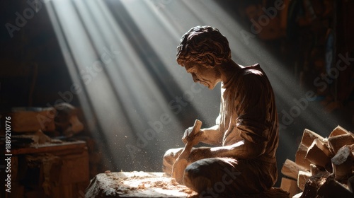 Wallpaper Mural Artisan shaping a wooden figurine with intricate details illuminated by sunlight through window Torontodigital.ca