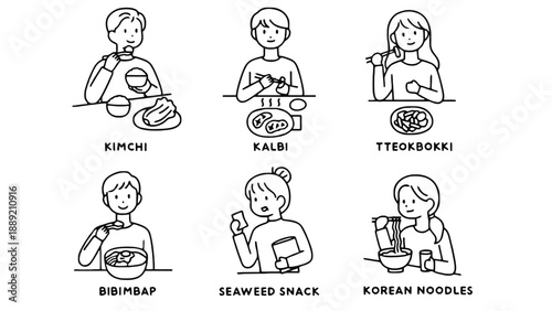A colorful illustration of people enjoying various Korean dishes and snacks