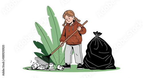 Young person cleaning up trash near a plant with a rake, outdoors
