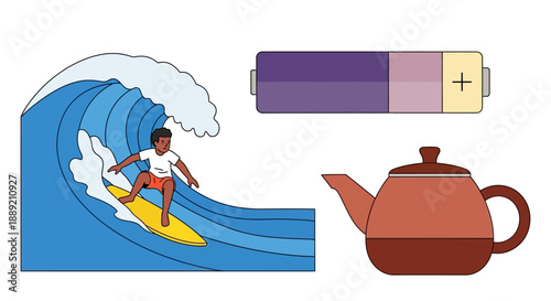 Surfer riding a wave with a battery and teapot nearby in a serene ocean scene illustration