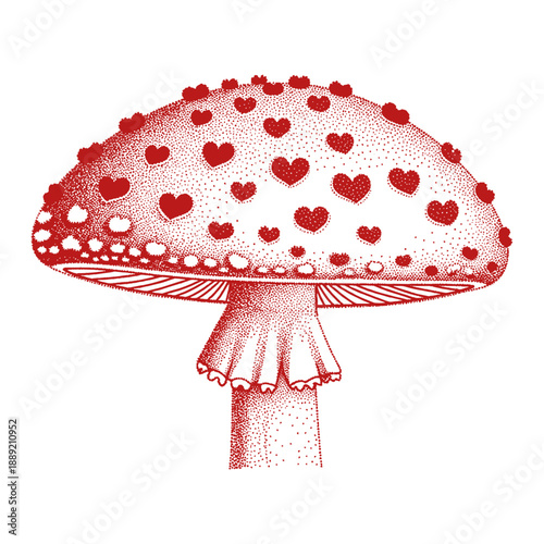 red toadstool with hearts illustration in retro halftone stippling style
