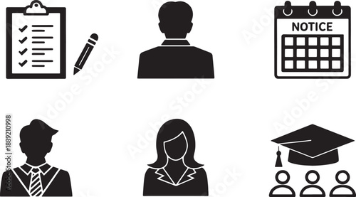 Professional silhouette icon set of six education administration elements attendance checklist, school schedule calendar, admission paperwork, announcement notice board,
