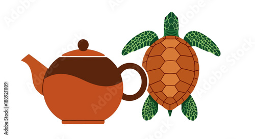 Illustration of a teapot and a turtle together, showcasing a unique digital art piece with vibrant colors and playful design elements.