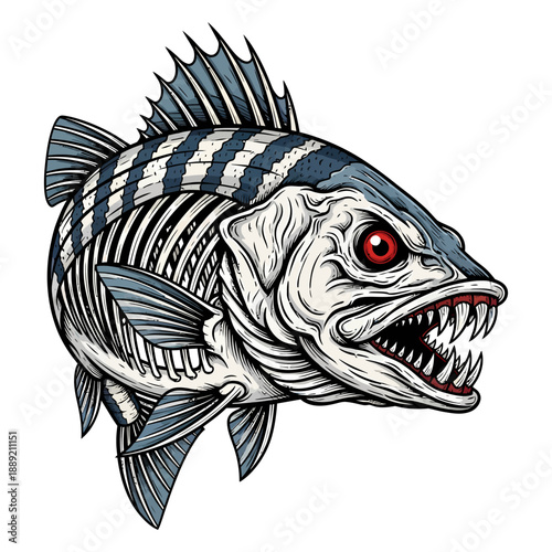 skeleton striped bass fish with sharp teeth and red eyes in aggressive cartoon mascot style