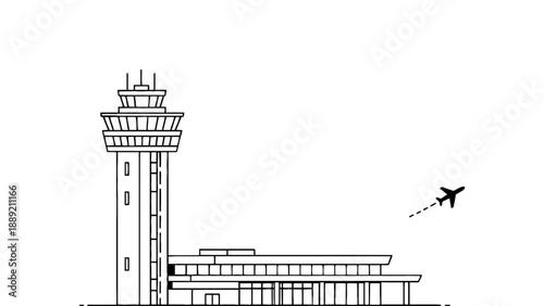 An airplane flying away from a modern airport control tower building
