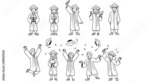 A group of happy cartoon graduates celebrating in gray robes and caps