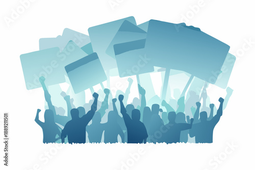 A crowd of people raising hands and holding protest signs aloft