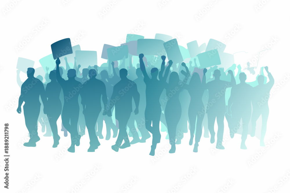 Naklejka premium A crowd of silhouetted people protesting with raised signs and arms