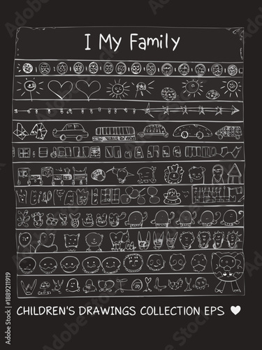 Charming doodle illustration featuring family themed drawings on a black background