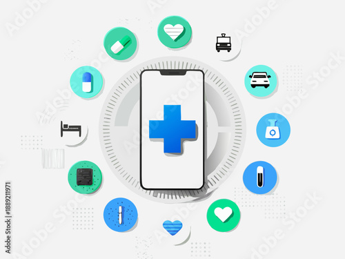 Digital healthcare concept featuring a smartphone surrounded by medical icons