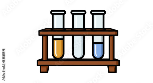Laboratory test tubes with colored liquids on a wooden rack viewed from the front in a scientific setting