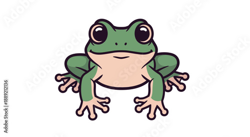 A cartoon frog with big eyes sitting on a white surface, front view illustration