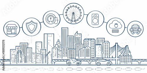 Modern city illustration featuring icons representing various urban services and landmarks