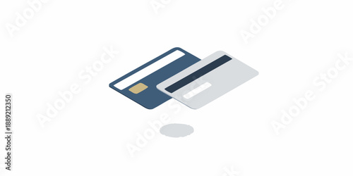 Two credit cards stacked diagonally above a small circle
