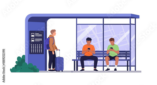 People waiting at a bus stop with a traveller checking a ticket machine