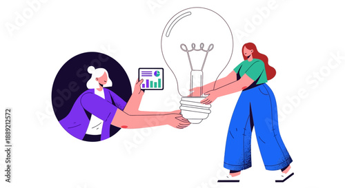 Innovative collaboration between individuals with a large lightbulb representing ideas and data analysis in a modern workspace environment