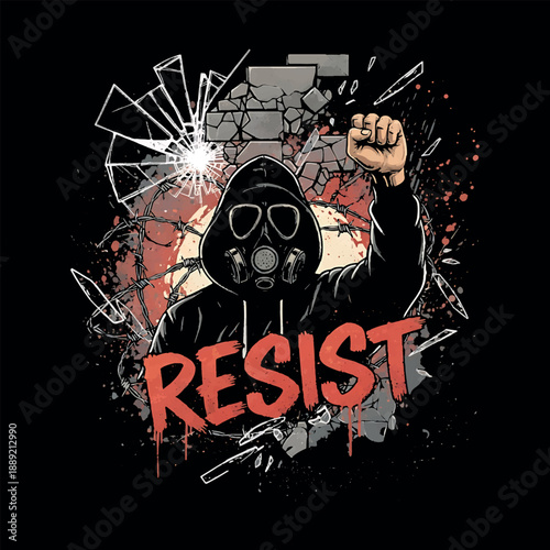 Resist Protest Gas Mask Illustration Grunge Vector for Rebel Streetwear Apparel