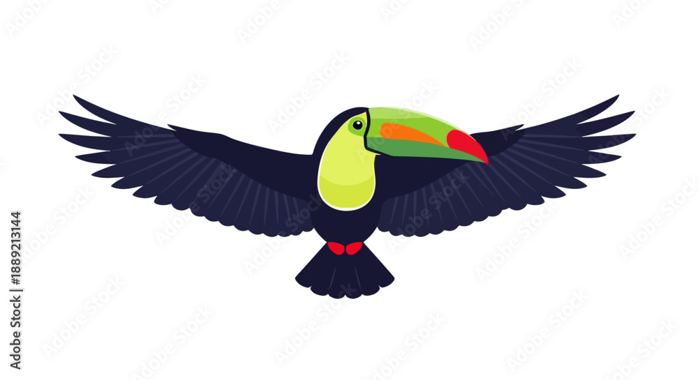 Fototapeta premium A colorful toucan in flight, showcasing its vibrant beak and wings, in a simple, white background illustration style
