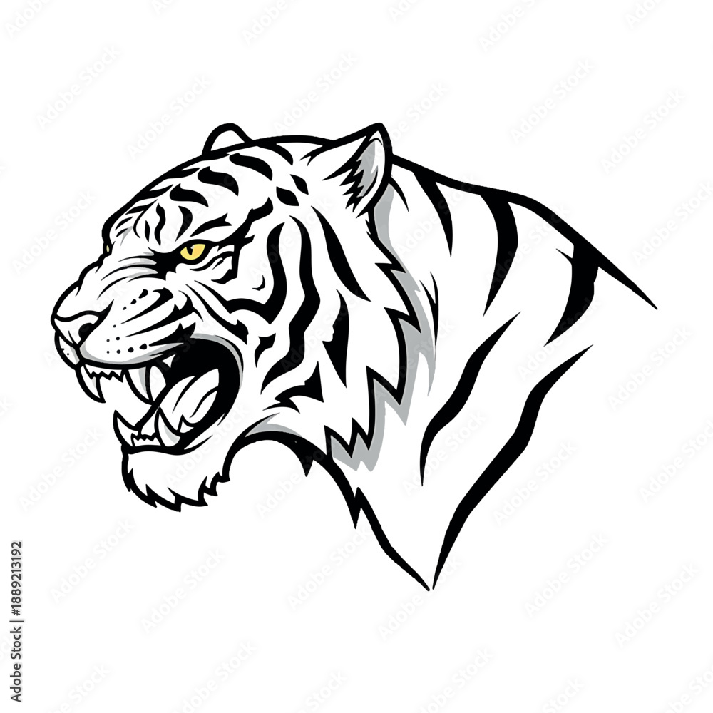 Fototapeta premium Tiger Head Roaring Line Art Vector Illustration for Mascot Logo Design