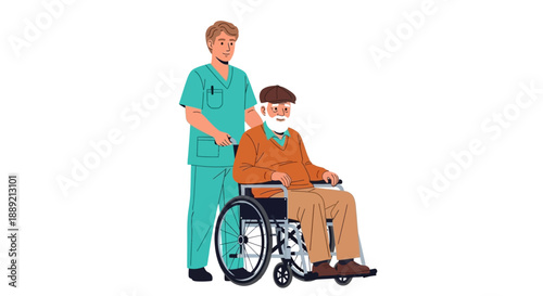Healthcare professional assisting elderly man in a wheelchair, providing care and support in a hospital or clinical setting.