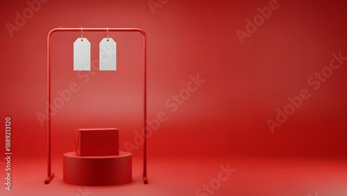 Red clothing rack with blank price tags and gift box on podium for Chinese New Year sale concept and copy space.
