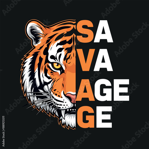 Savage Tiger Typography Illustration Bold Vector for Streetwear Branding Design