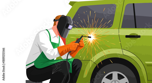 Person welding a green car in a workshop from a side viewpoint