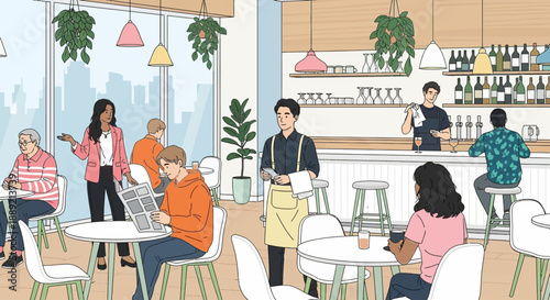 People working and socializing in a modern coffee shop with a barista serving drinks