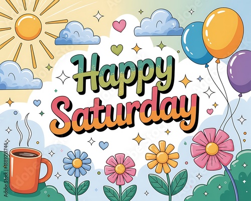 A colorful and playful of a Saturday morning scene with a cup of coffee, flowers, balloons, clouds, and the text Happy Saturday