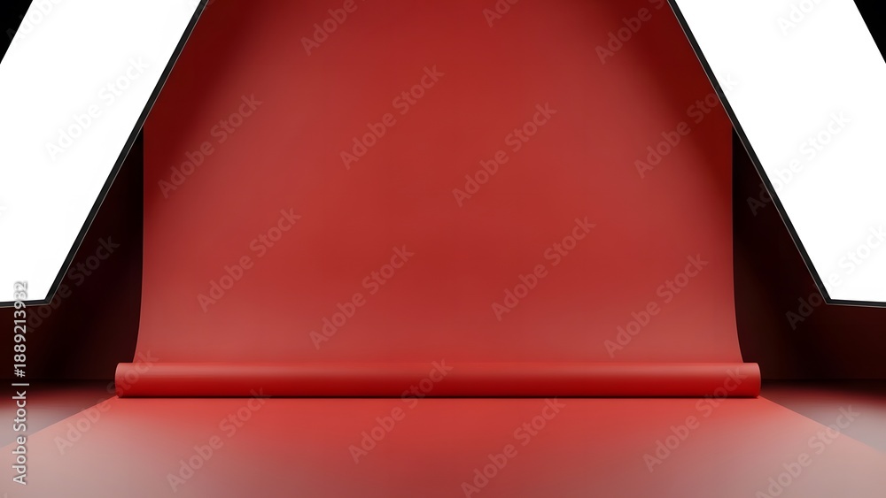 Obraz premium Red paper studio backdrop with softbox lights for Chinese New Year product display, photography setup, and copy space. 