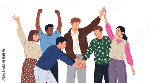 Diverse group of people celebrating together with raised hands and smiling faces in a joyful illustration