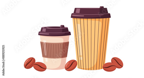 Two coffee cups with coffee beans surrounding them in a simple illustration