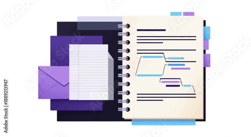 A spiral-bound notebook with diagrams and papers on a layered background viewed from directly above