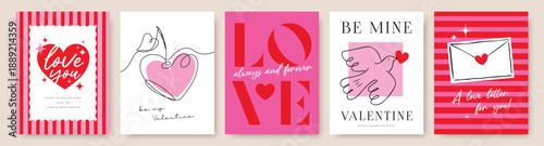 Set of Valentine's Day poster, greeting card, cover, invitation card, sale promotion template, pattern background with hand drawn cupid, sweet hearts and typography design.

