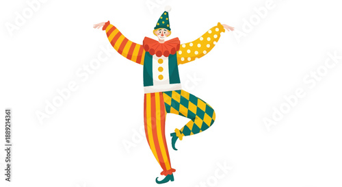 A vibrant clown dances energetically on one leg with arms outstretched, wearing a colorful costume with striped and polka-dotted patterns, illustrations