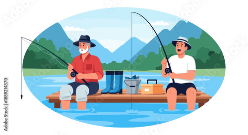 Two men fishing together on a serene lake surrounded by mountains from a distant viewpoint
