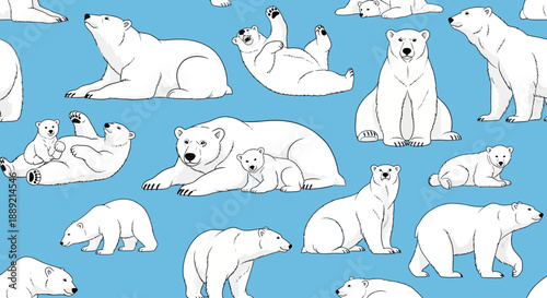 Polar bears in various poses on a blue background illustration
