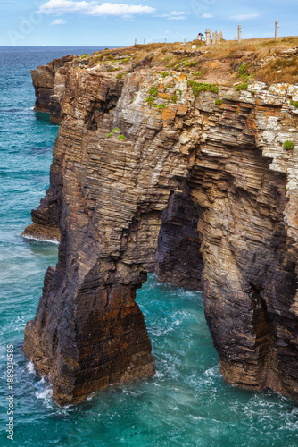 Majestic natural rock arches at Cathedrals Beach (Praia das Catedrais) in Ribadeo, Galicia, Spain.