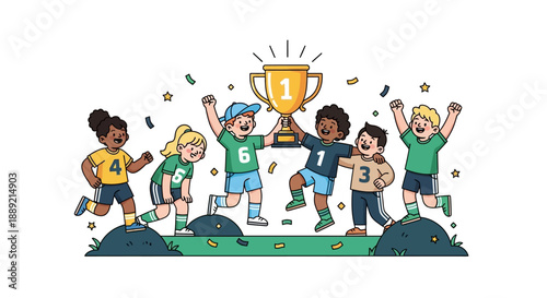Children celebrating victory with trophy on podium, joy, kids, winner, celebration, illustration