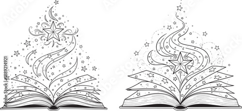 Magical open book with stars and cosmic swirls emanating, symbolizing imagination, fantasy, and storytelling